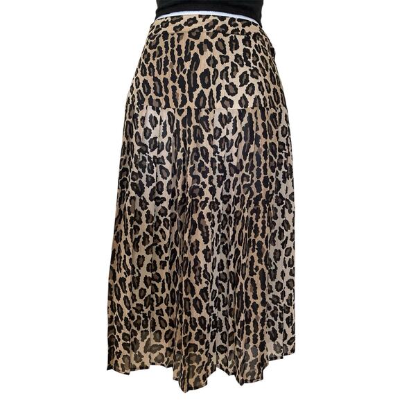 Vintage 80s 90s Leopard Cheetah Preppy Pleated Sheer Y2k Boho Midi Skirt S/2/4 - Picture 1 of 6